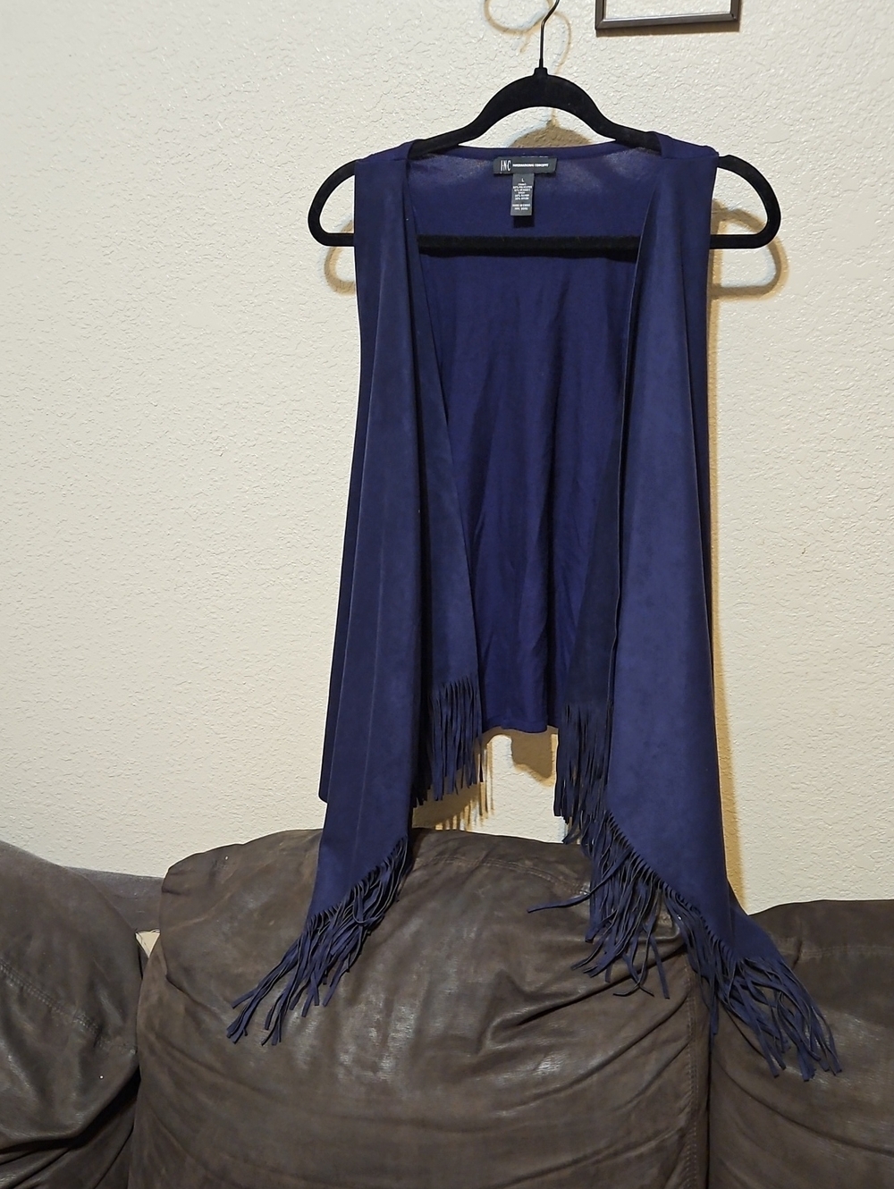 INC International Concepts Faux Suede Front Navy Fringe Open Vest